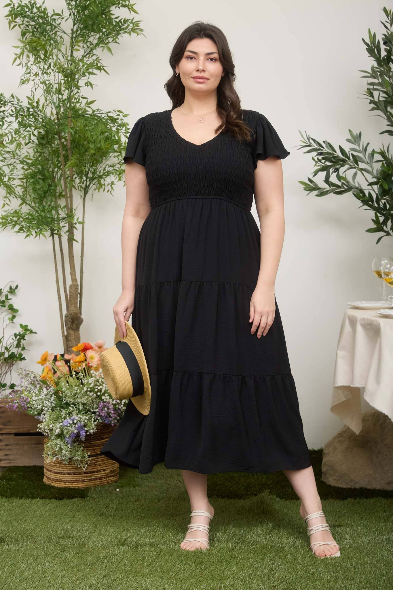 PLUS FLUTTER SLEEVE V NECK SMOCKED MIDI DRESS