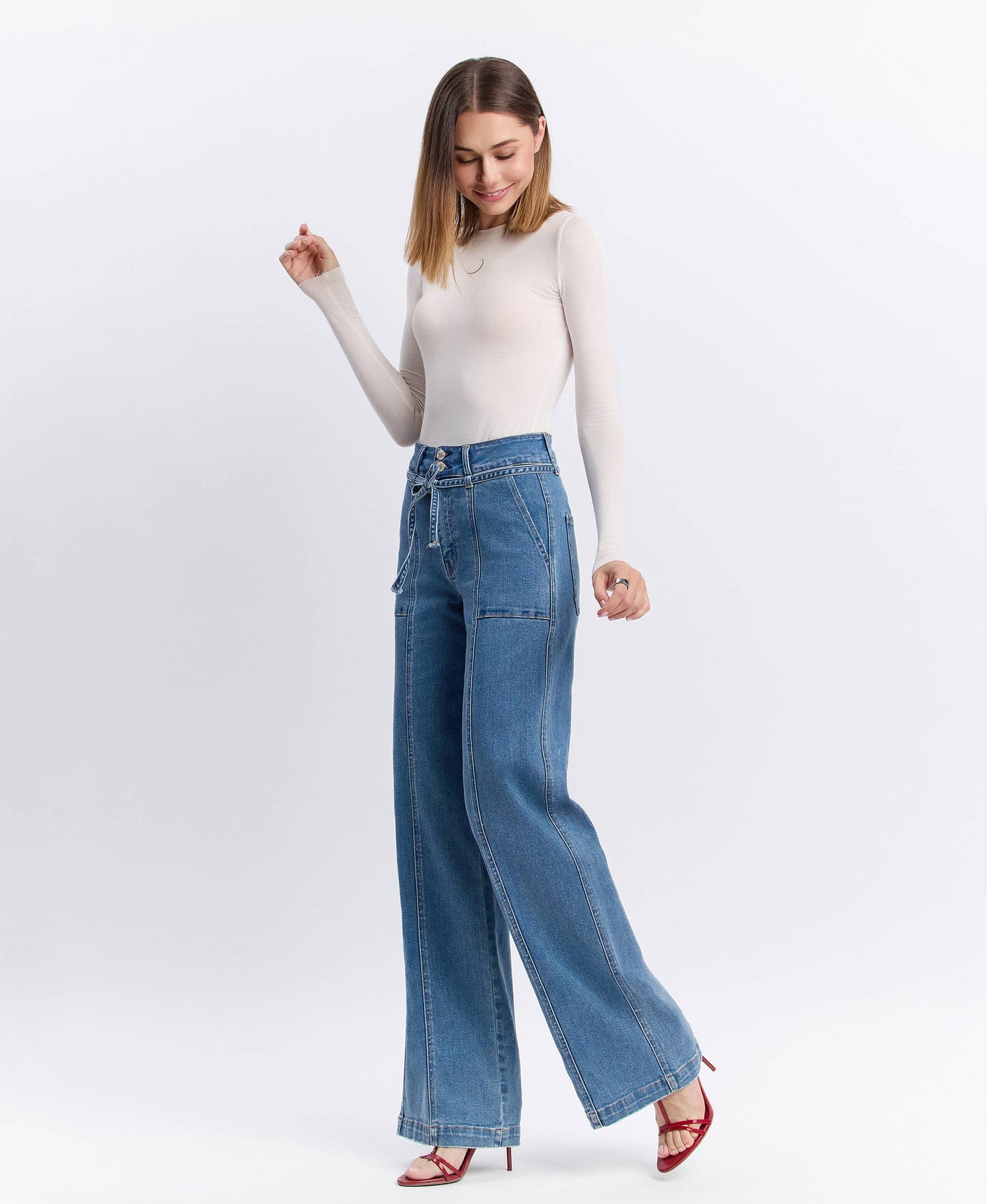 VERVET by FLYING MONKEY - SUPER HIGH RISE TIE WAISTBAND WIDE LEG JEANS T6765