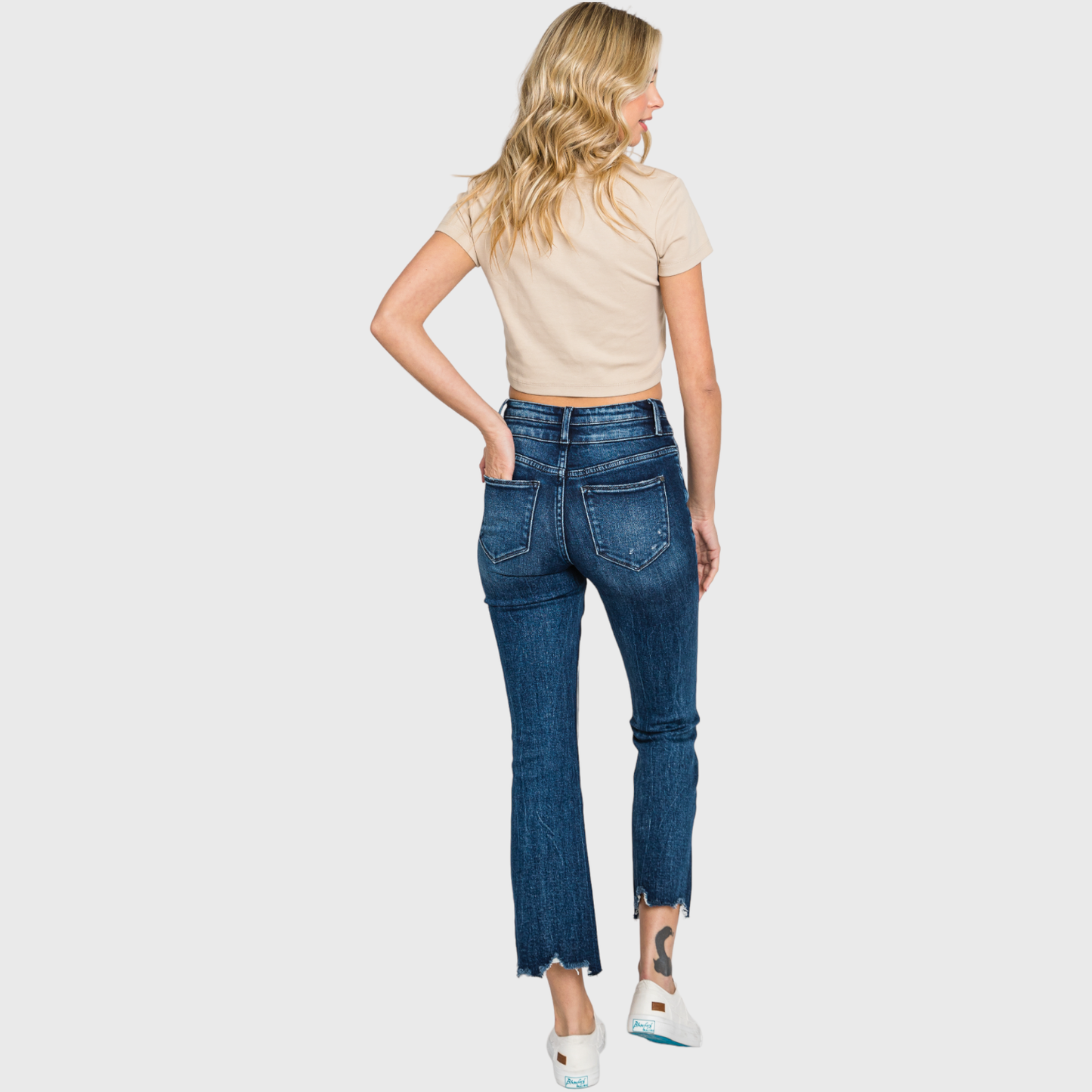 Dark HIGH RISE CROP BOOTCUT JEANS W/ FRAYED HEM