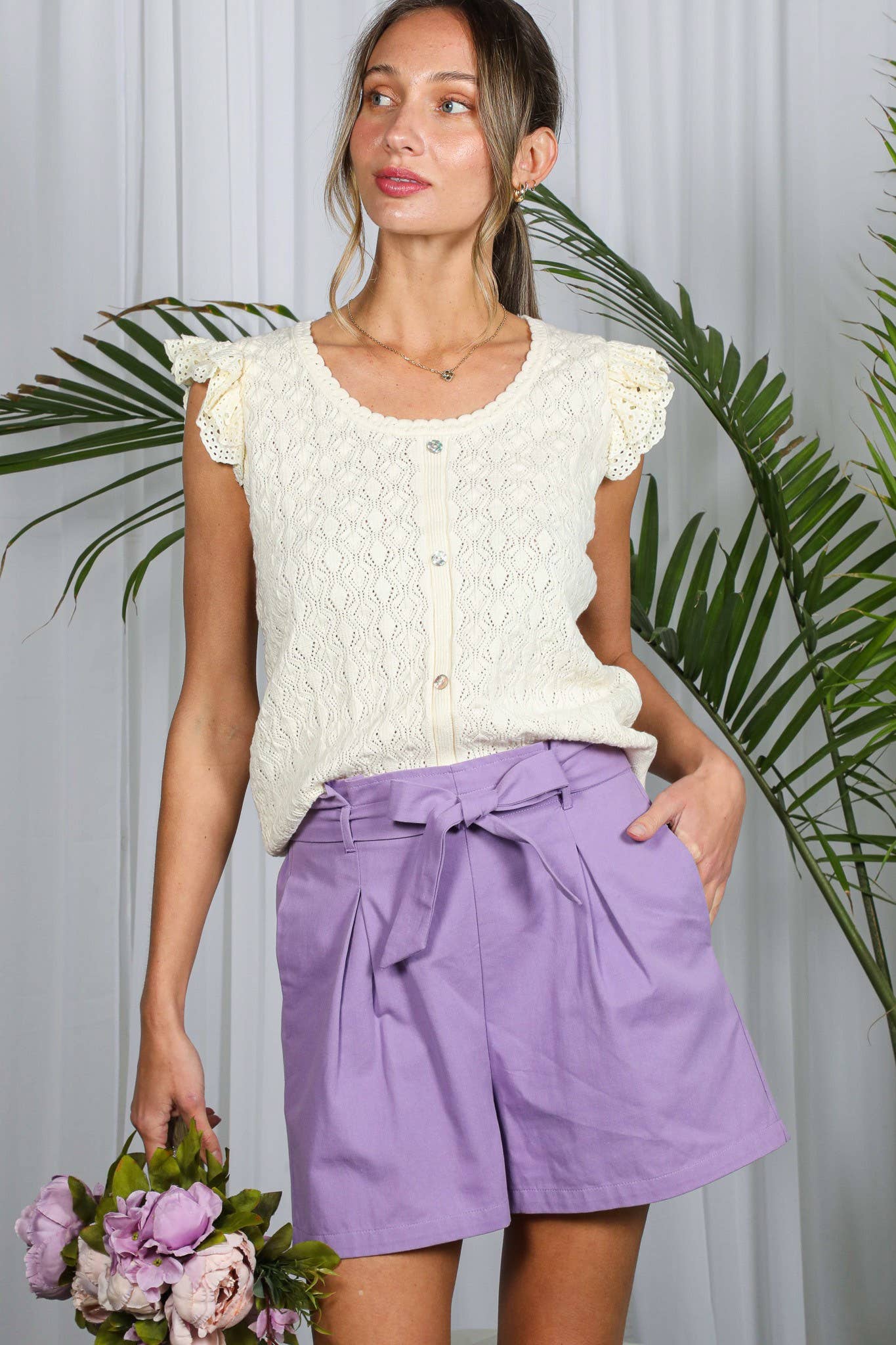 Eyelet Lace Cap Sleeve Crochet Knitted Tank Top