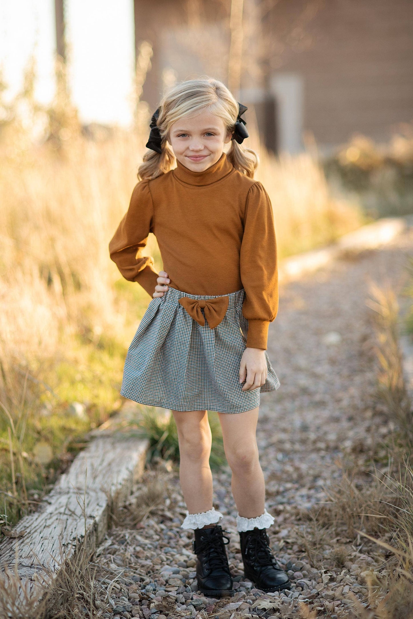 Wren & James - Kids Carmel Puff Sleeve Top & Bow Check Fall Skirt Set