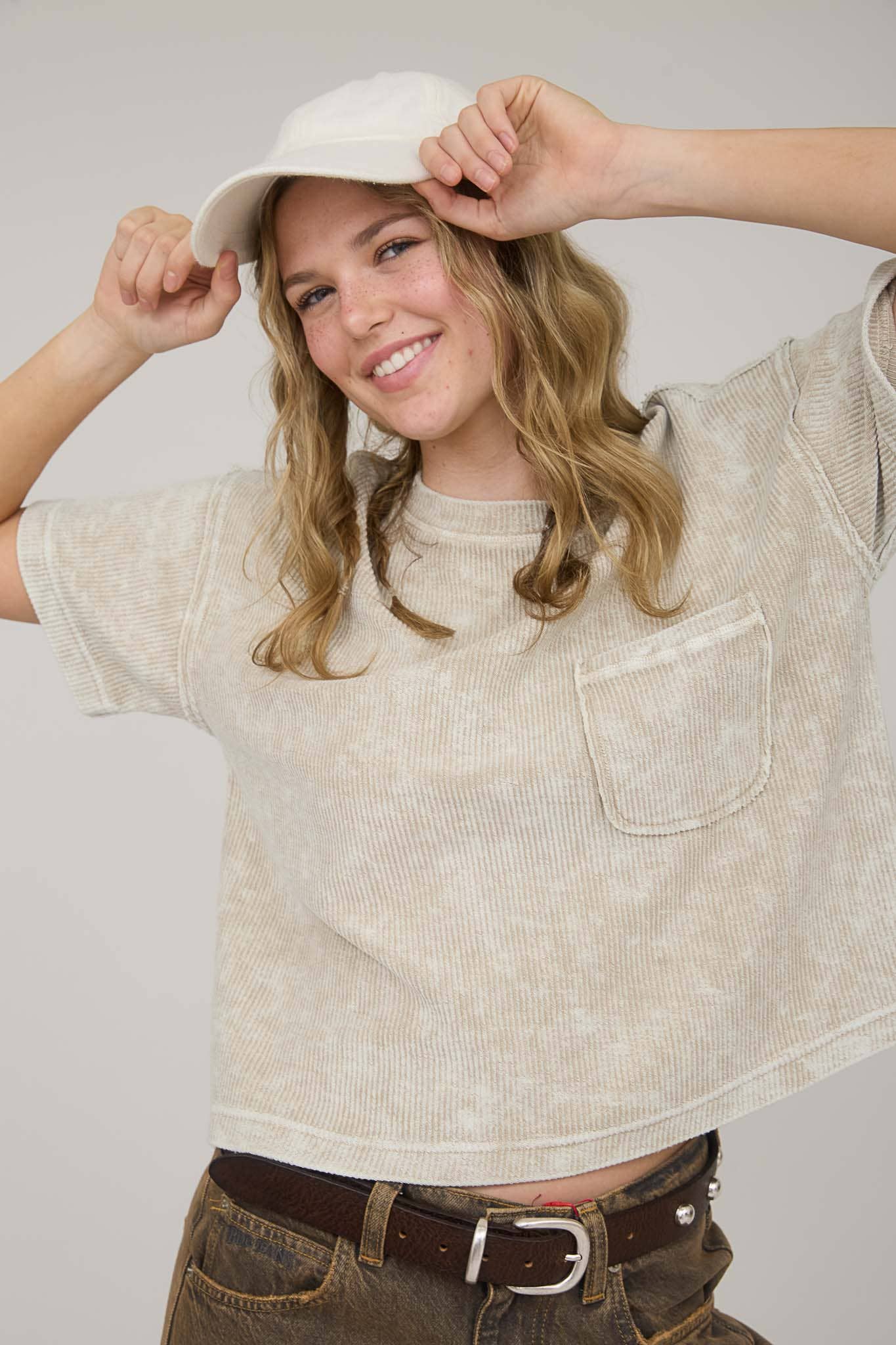 Washed Ribbed Short Sleeve Tee with Pocket