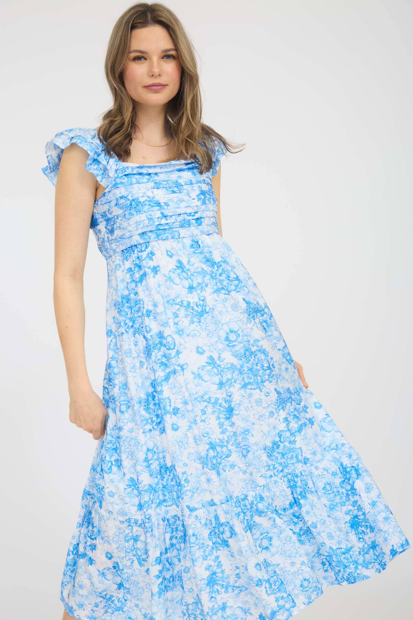 Blu Pepper - FLORAL RUFFLE STRAP DETAIL PLEATED MIDI DRESS