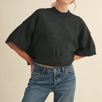 Marled Knit Mock Neck Short Sleeve Sweater