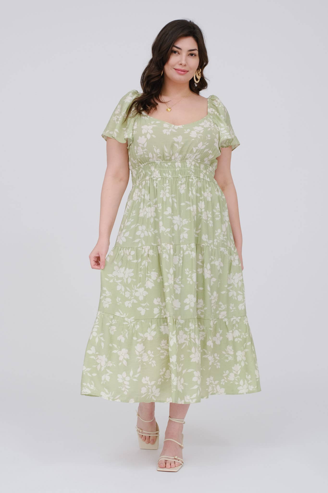 Blu Pepper - PLUS FLORAL SCOOP NECK FLOUNCE SLEEVE MIDI DRESS