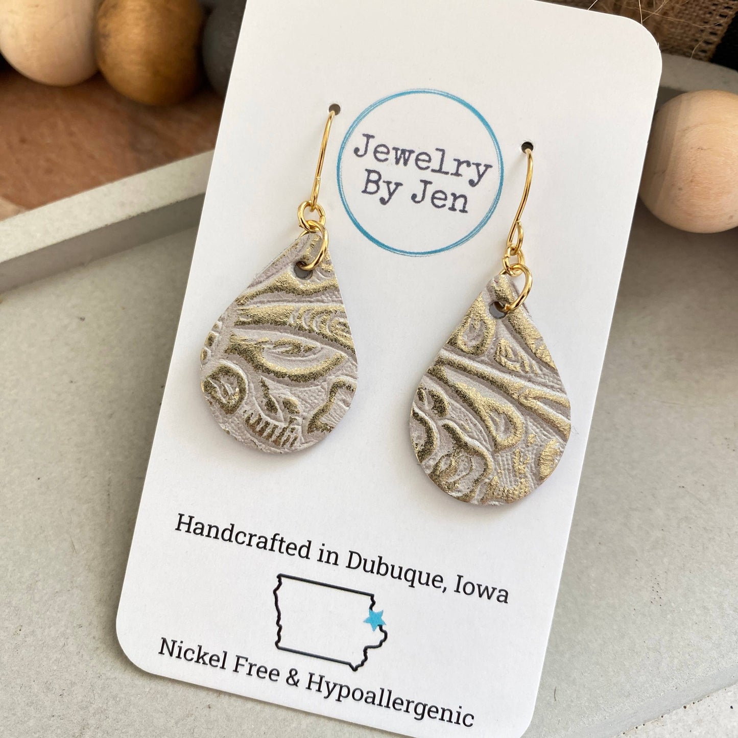 Jewelry By Jen - Small Teardrop: Cream & Platinum Tooled
