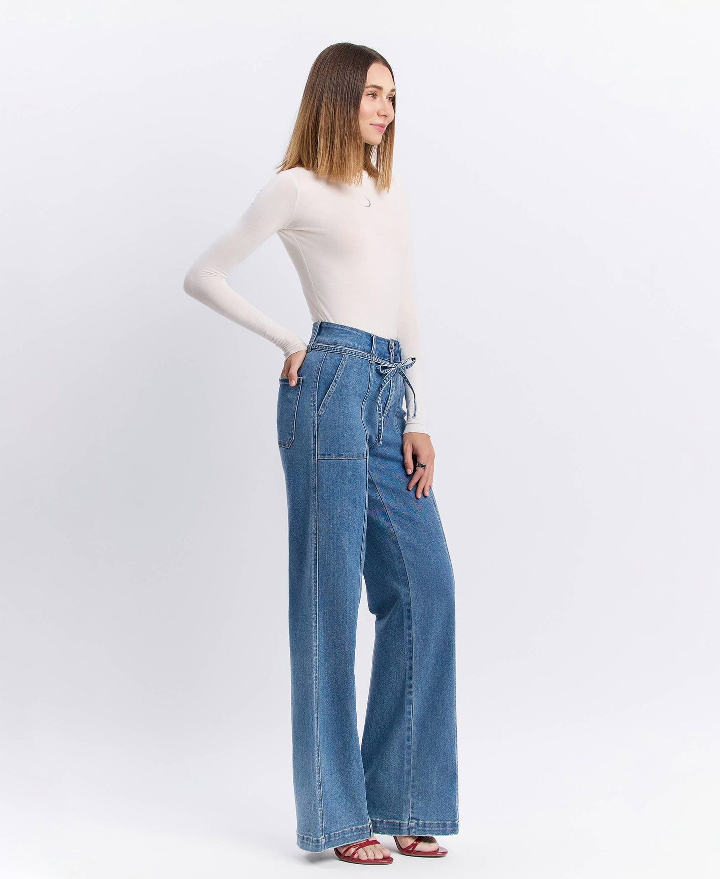 VERVET by FLYING MONKEY - SUPER HIGH RISE TIE WAISTBAND WIDE LEG JEANS T6765