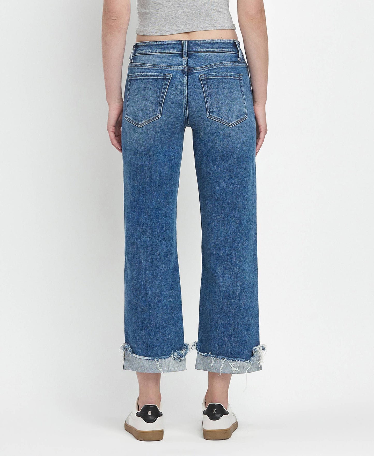 MID RISE RAW CUFFED HEM SLIM WIDE JEANS