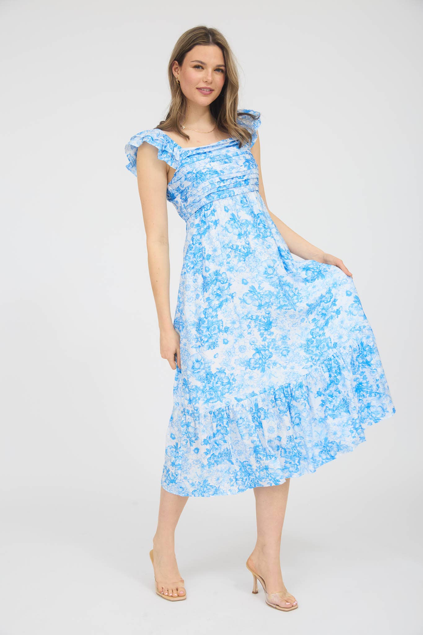 Blu Pepper - FLORAL RUFFLE STRAP DETAIL PLEATED MIDI DRESS