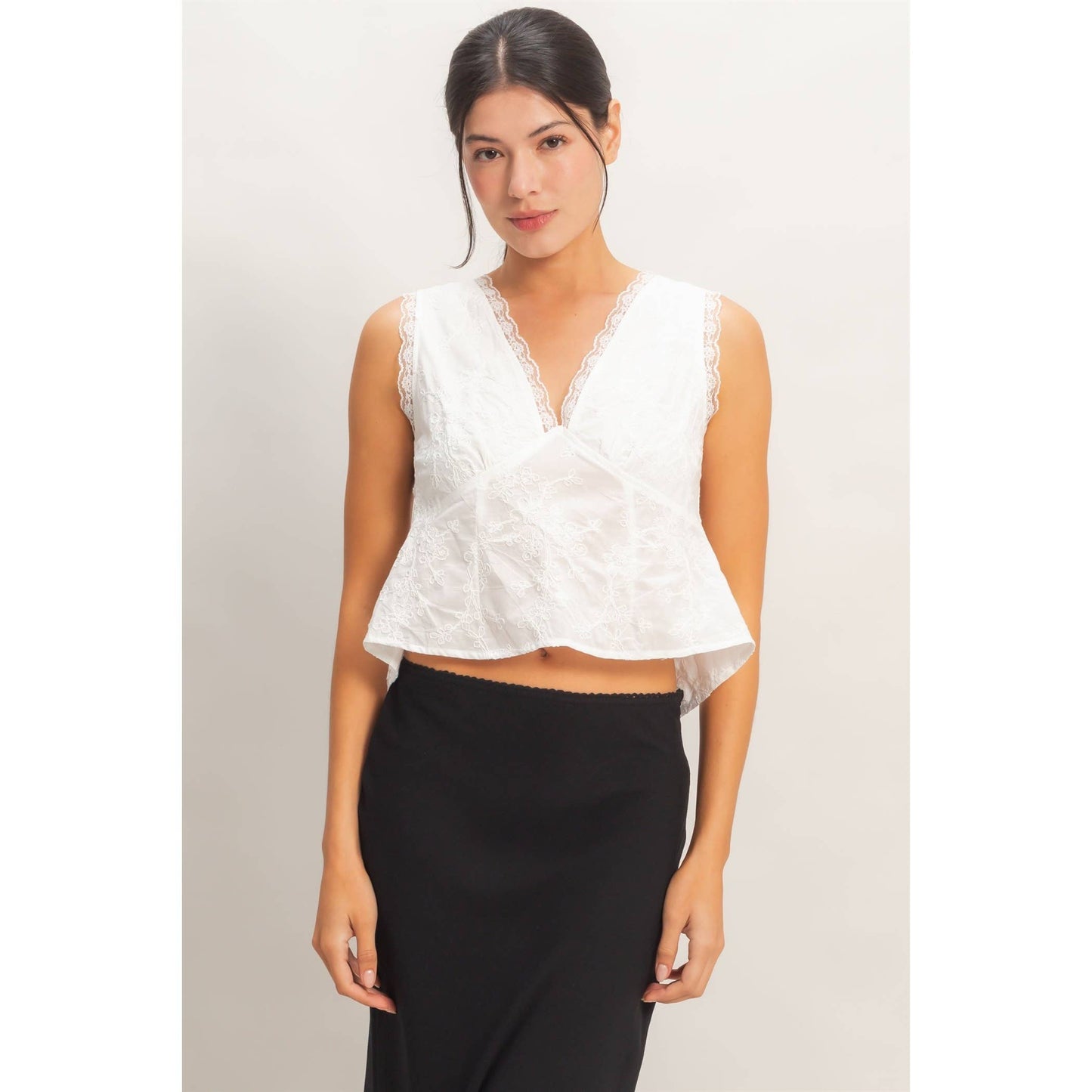 HYFVE - V-Neck Floral Lace Trim Top