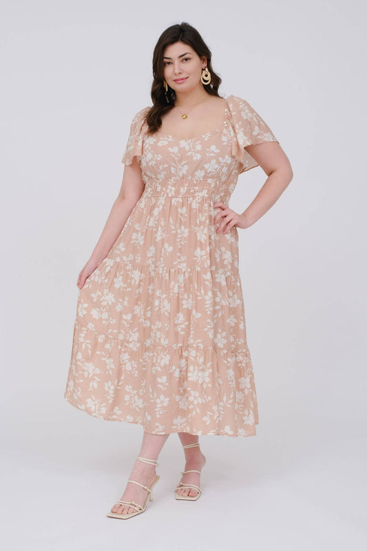 Blu Pepper - PLUS FLORAL SCOOP NECK FLOUNCE SLEEVE MIDI DRESS