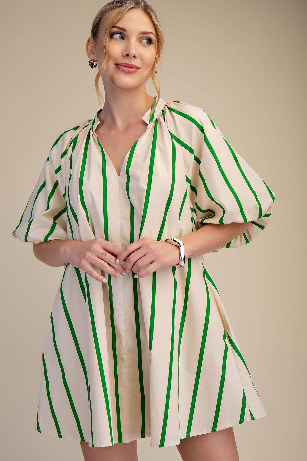 Glam - Puff-Sleeve Stripe Mini Shift Dress