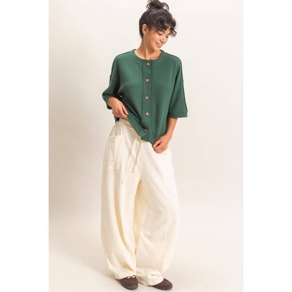 Button-Down Short Sleeve Waffle Top