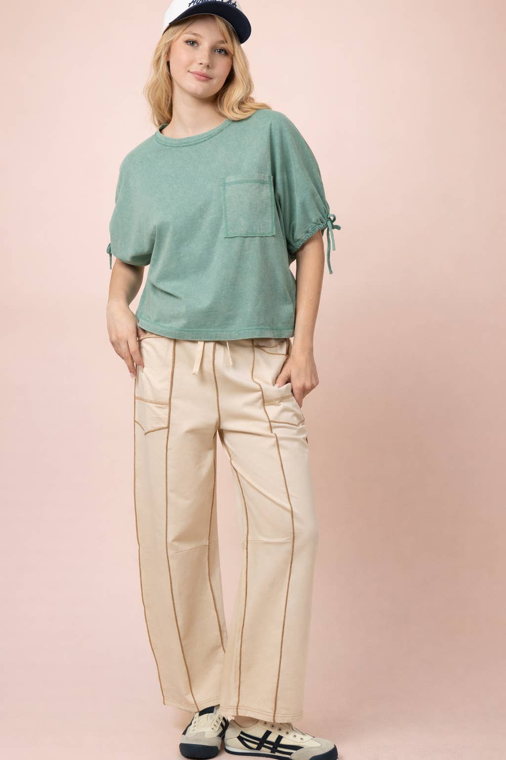 Cream Stitch Detail Casual Knit Pants