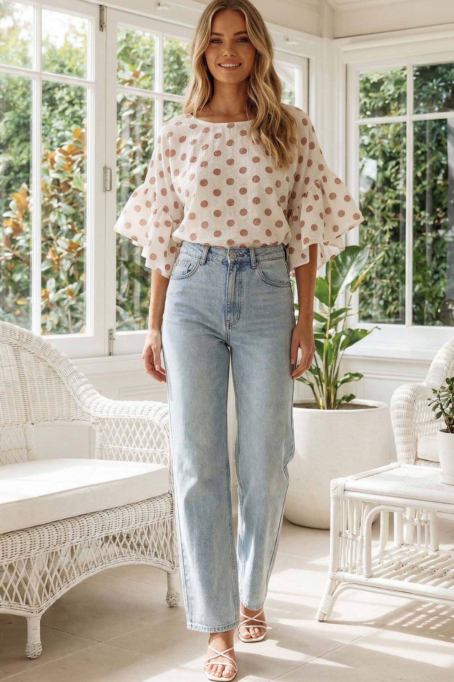 Vine & Love - Polka Dot Wild Ruffle Sleeve Flowy Blouse Top VT83104D
