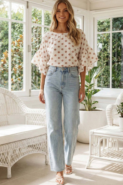 Vine & Love - Polka Dot Wild Ruffle Sleeve Flowy Blouse Top VT83104D