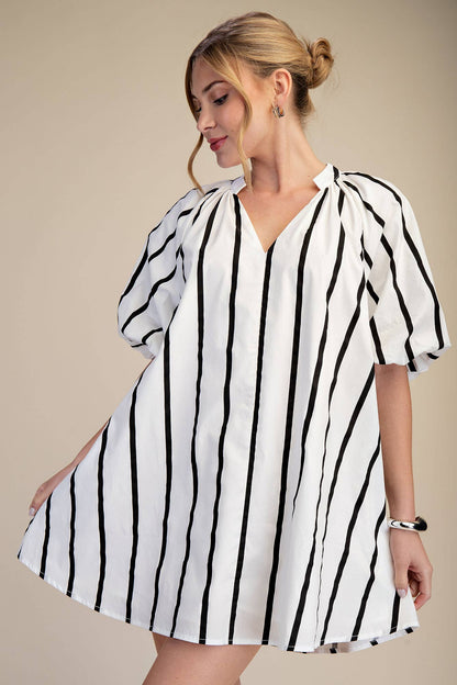 Glam - Puff-Sleeve Stripe Mini Shift Dress
