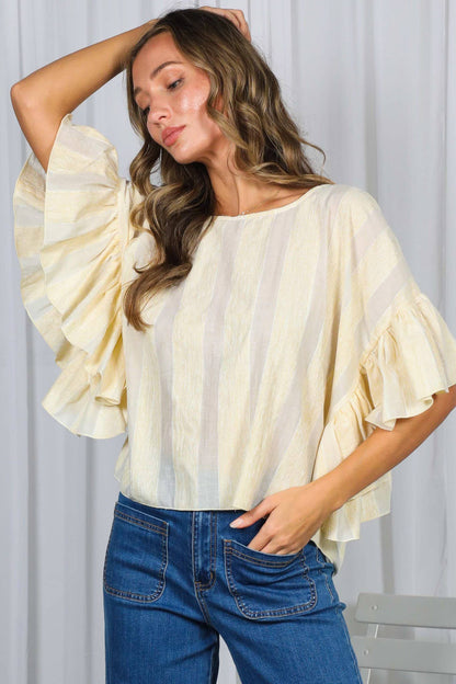 Wild Ruffle Embellished Sleeve Flowy Striped Top