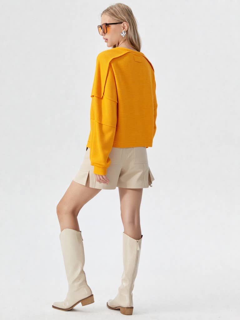 Raw Edge Detail Casual Waffle Knit Henley Top