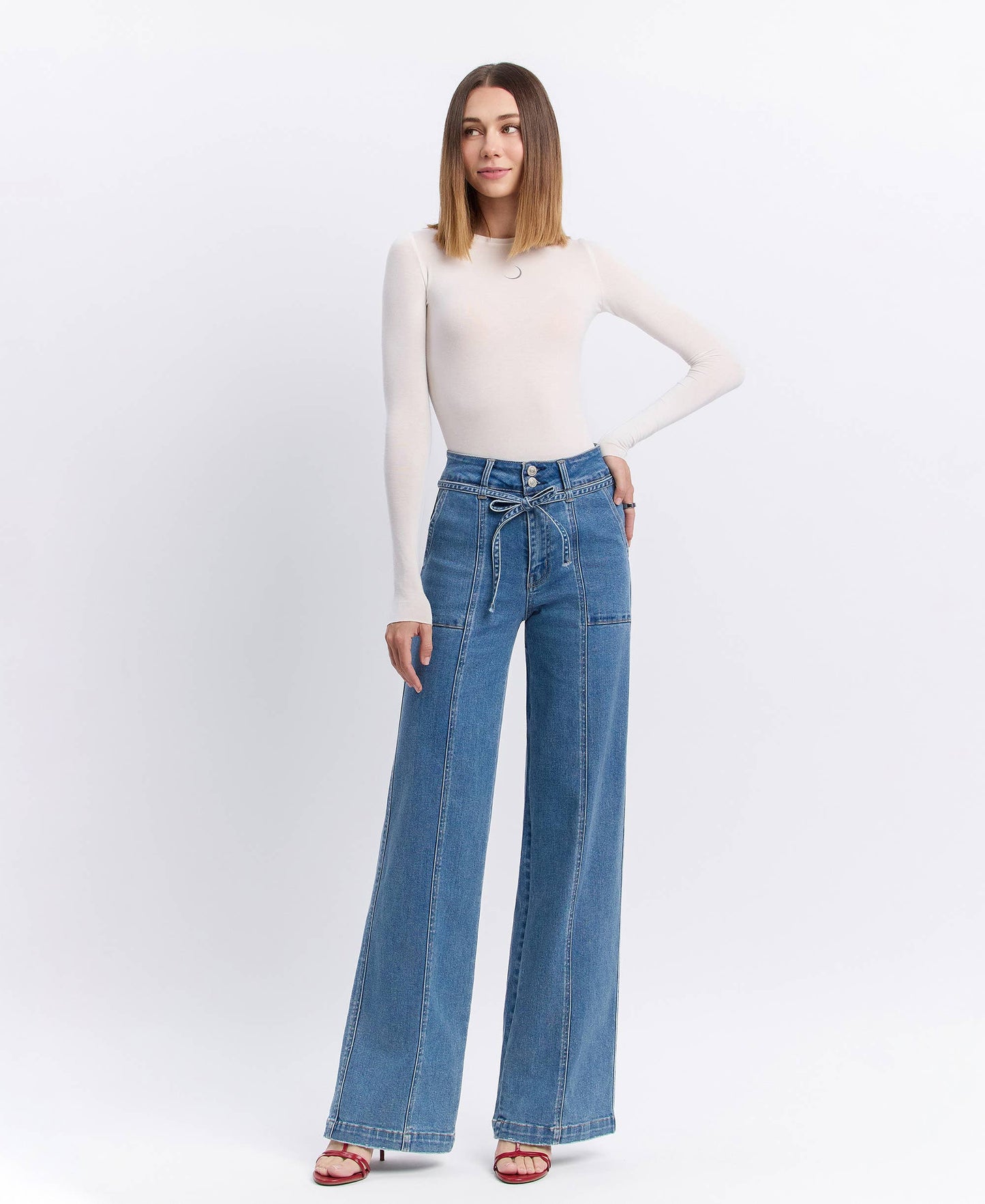VERVET by FLYING MONKEY - SUPER HIGH RISE TIE WAISTBAND WIDE LEG JEANS T6765