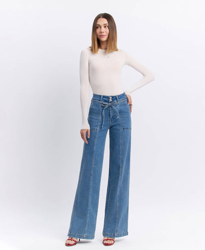 VERVET by FLYING MONKEY - SUPER HIGH RISE TIE WAISTBAND WIDE LEG JEANS T6765