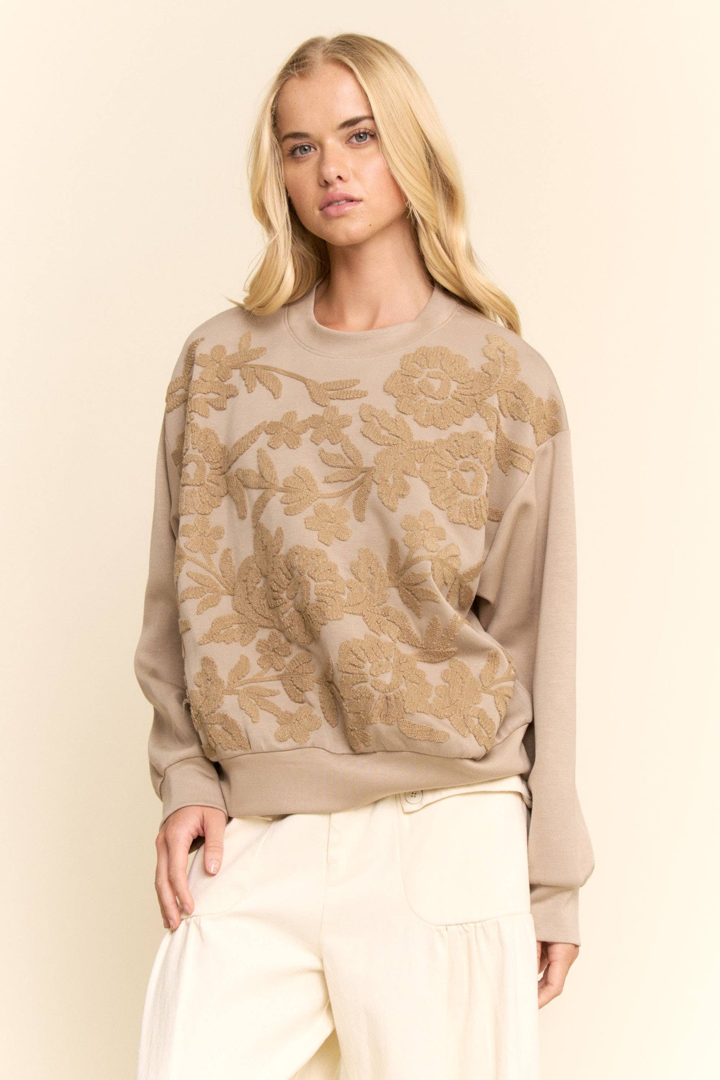 Davi & Dani - SHEER FLORAL FRONT EMBROIDERY ON SELF SWEATSHIRT