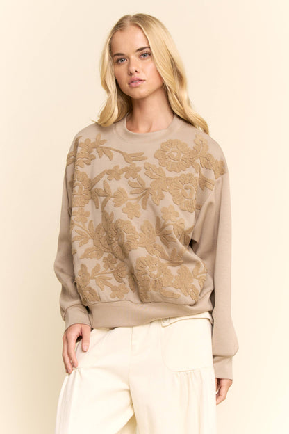 Davi & Dani - SHEER FLORAL FRONT EMBROIDERY ON SELF SWEATSHIRT