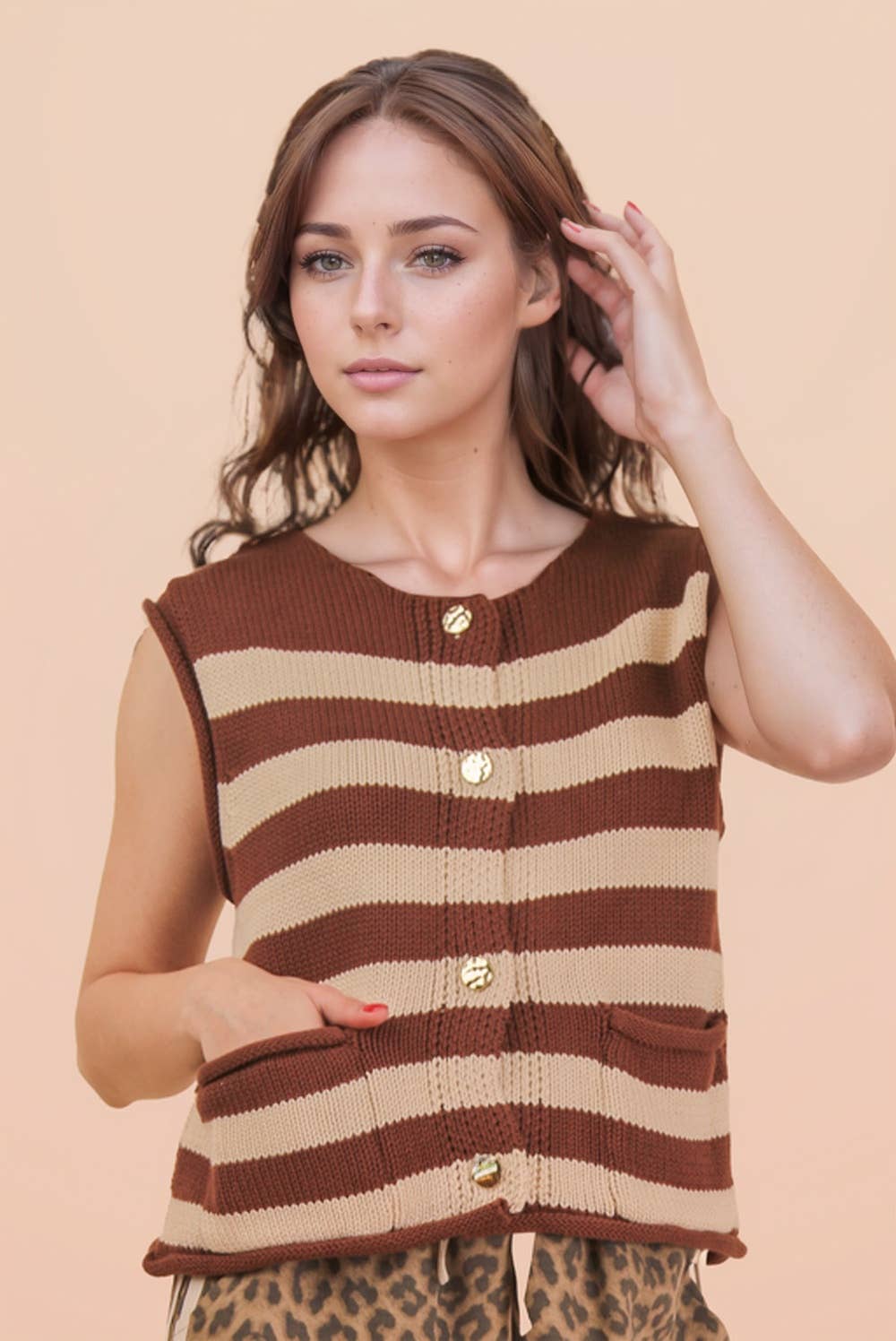Brown Stripe Button Down Knit Sweater Top