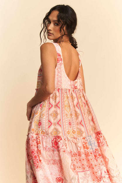 GEO FLORAL MIX SLEEVELESS TIRERED MAXI DRESS