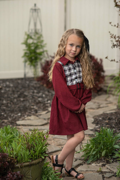 Wren & James - Kids Burgundy Black & White Plaid Yoke Long Sleeve Dress