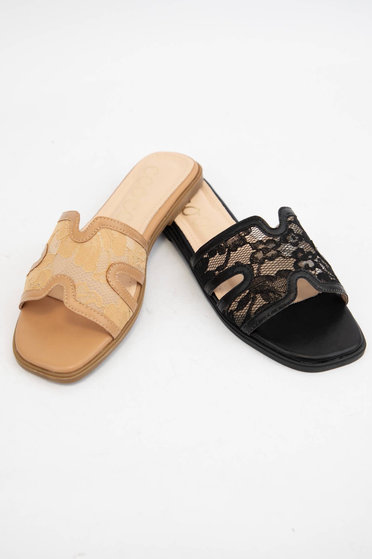 CCOCCI - BRITNEY Lace Mesh Sandals  H-Cutout Square Toe Slides