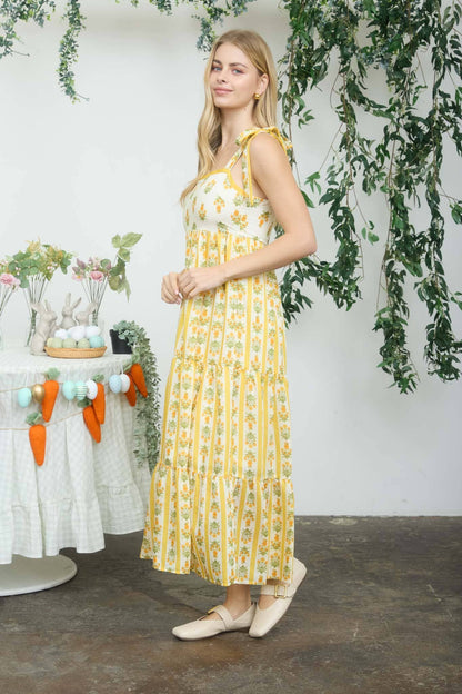 STRIPE FLORAL CONTRAST SLEEVELESS MIDI DRESS