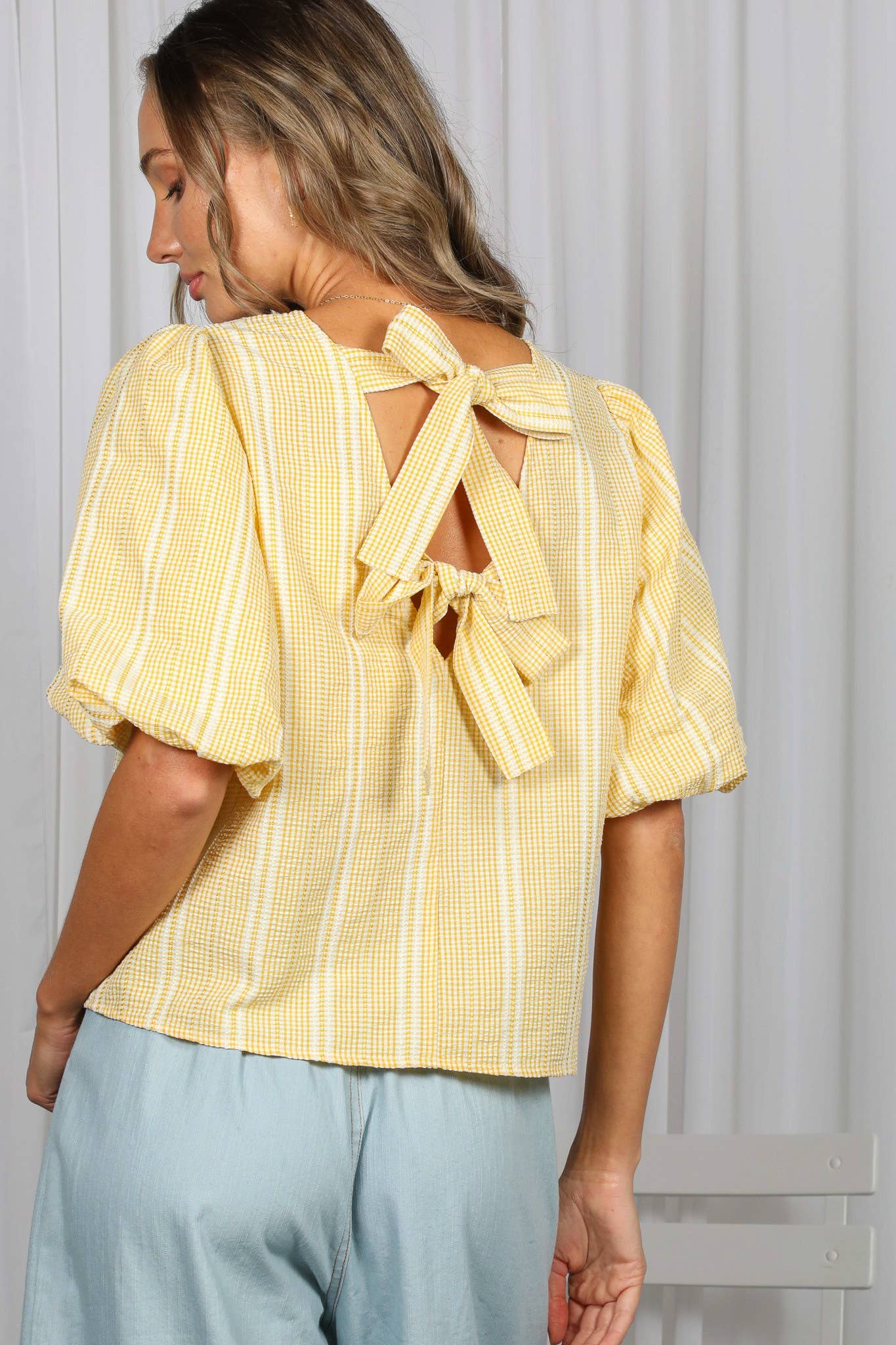 V-Back 2 Bow Accent Feminine Plaid Blouse Top