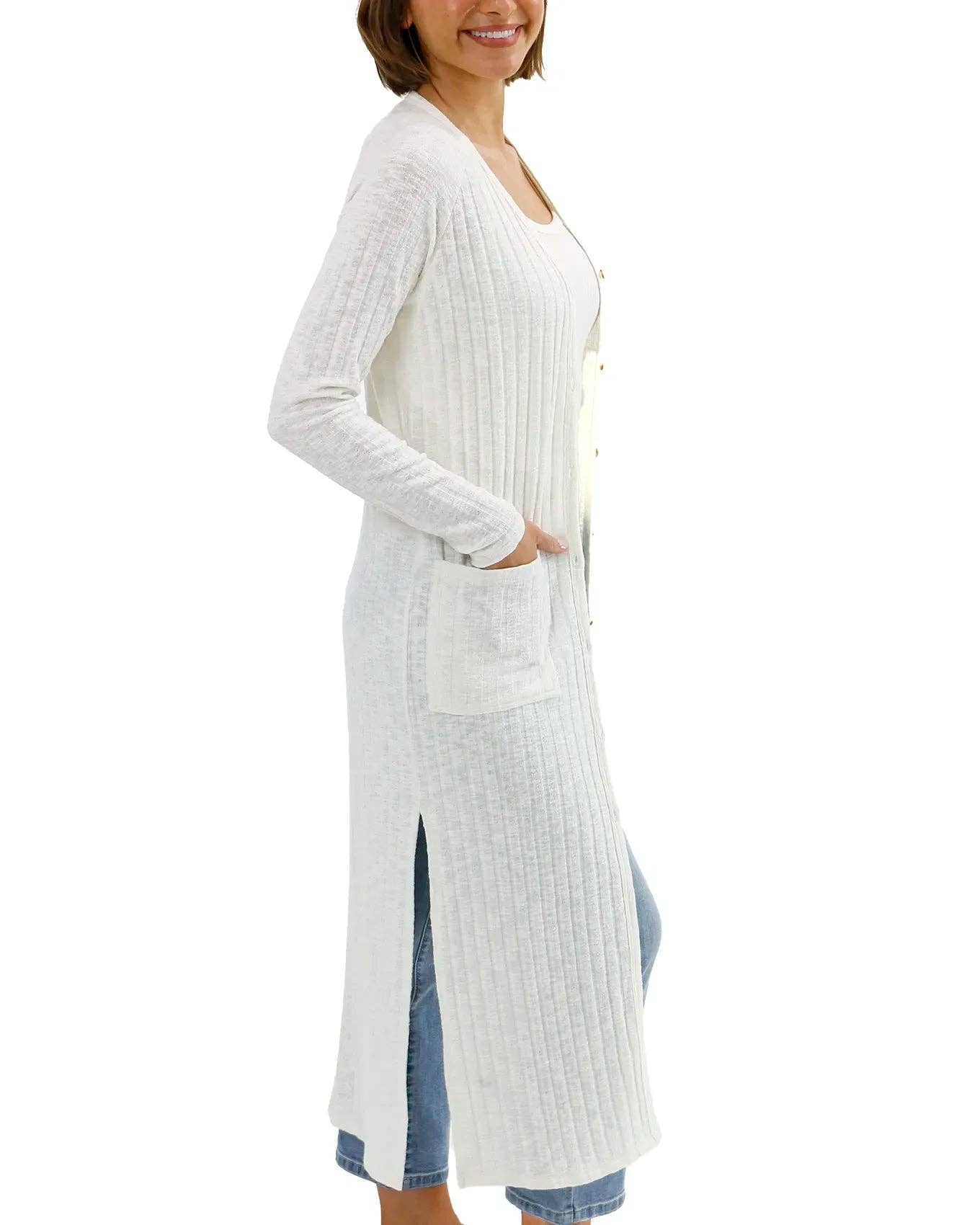 Grace and Lace - Ribbed Long Duster Cardigan in Ivory