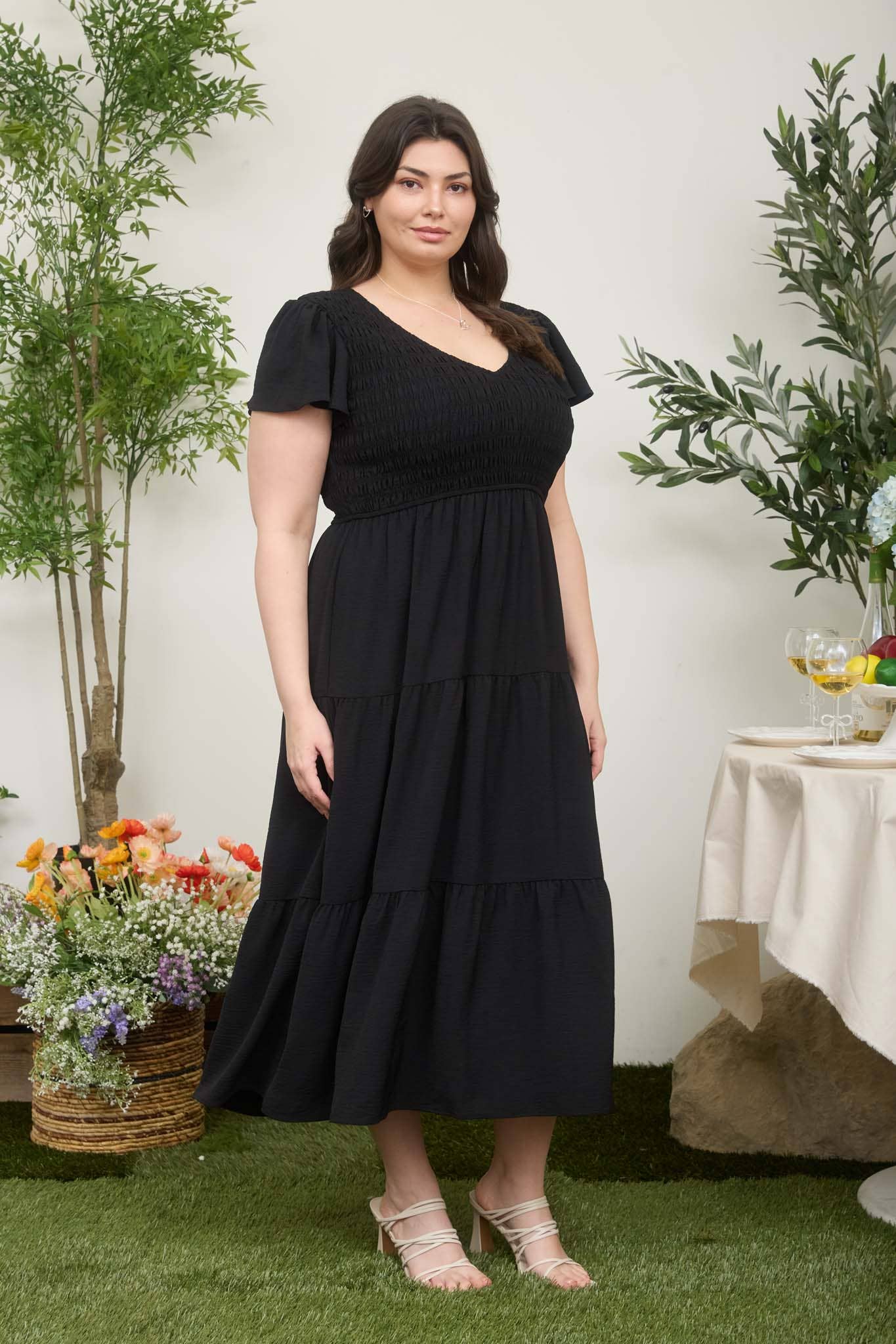 PLUS FLUTTER SLEEVE V NECK SMOCKED MIDI DRESS