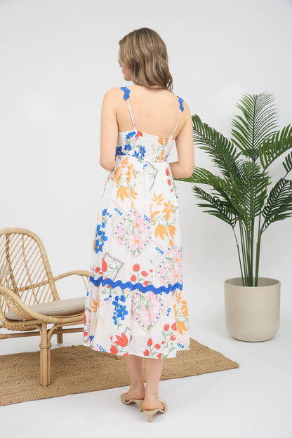FLORAL PATTERN WAVY DETAIL SLEEVELESS MIDI DRESS