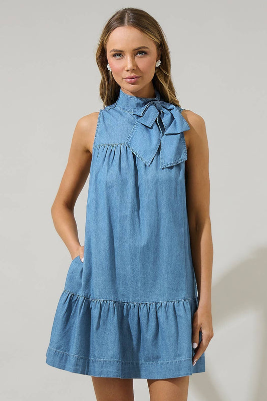 Skylah Denim Bow Mini Dress