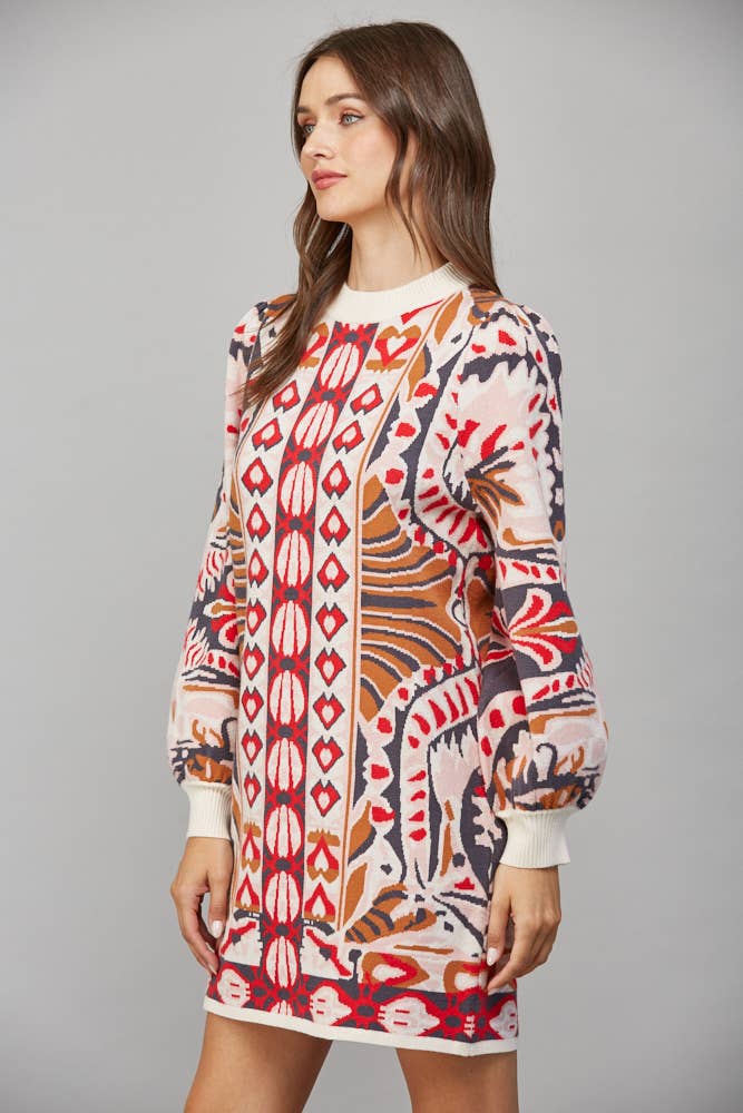 FATE - TRIBAL AND FLORAL MOTIF JACQUARD KNIT SWEATER DRESS FW12207