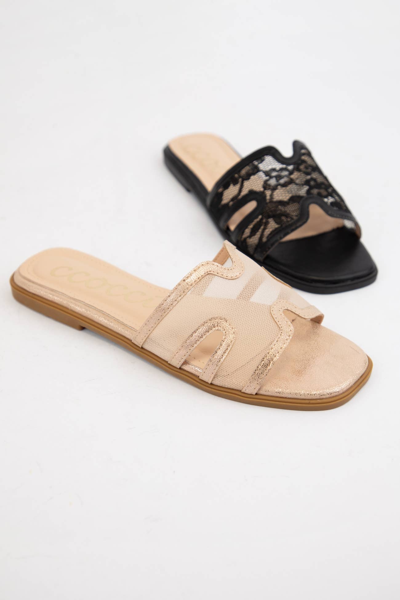 CCOCCI - BRITNEY Lace Mesh Sandals  H-Cutout Square Toe Slides