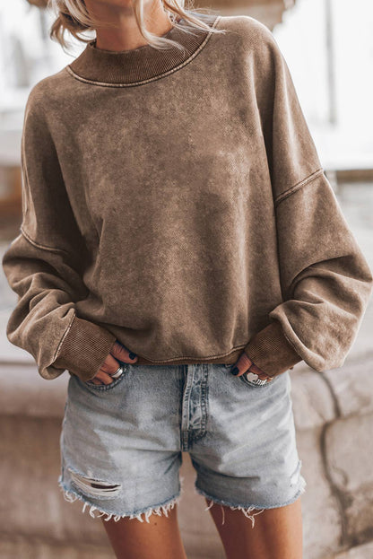 Lovesoft - Solid Color Drop Shoulder Crew Neck Pullover Sweatshirt