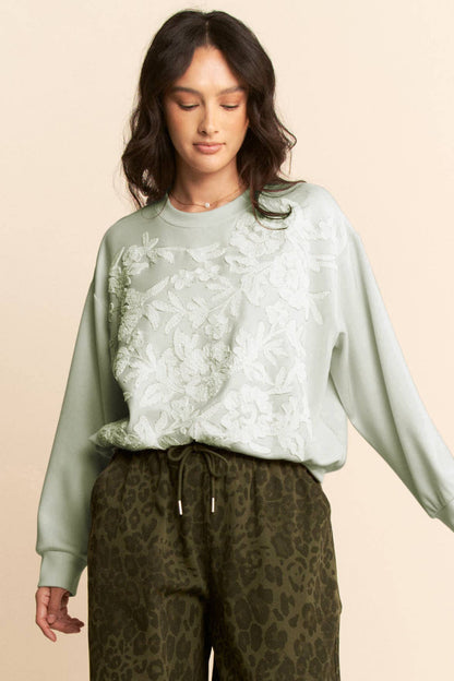 Davi & Dani - SHEER FLORAL FRONT EMBROIDERY ON SELF SWEATSHIRT