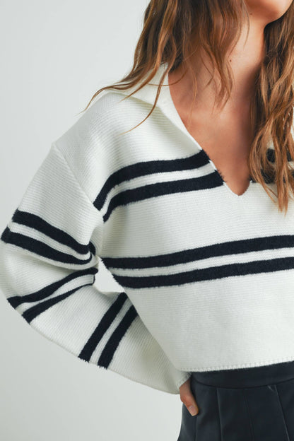 BUTTERMELON - Stripe Crop Collar Sweater Top - BMW7393