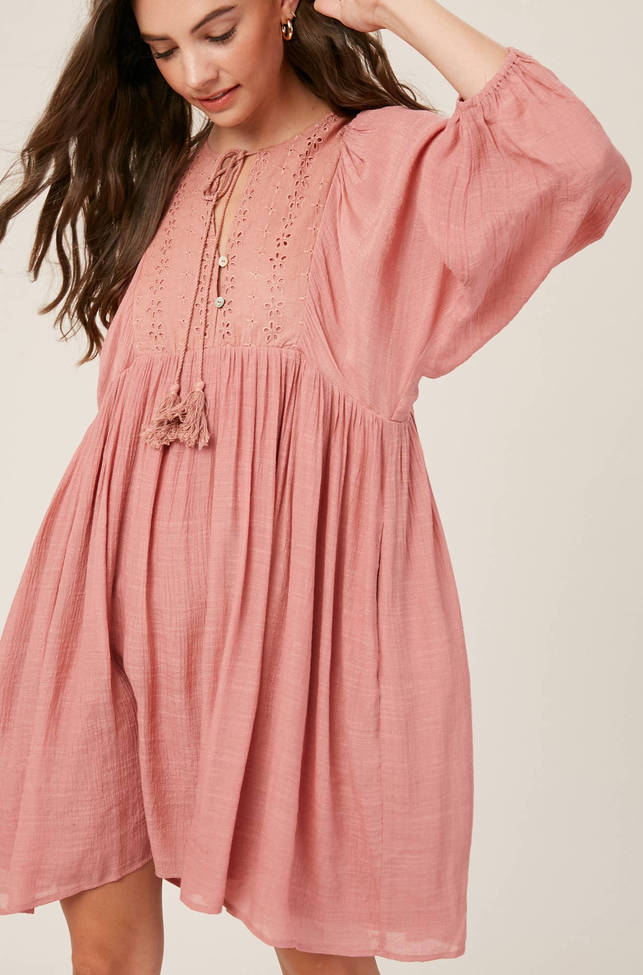 Listicle - Embroidered Tassel Tie Babydoll Dress