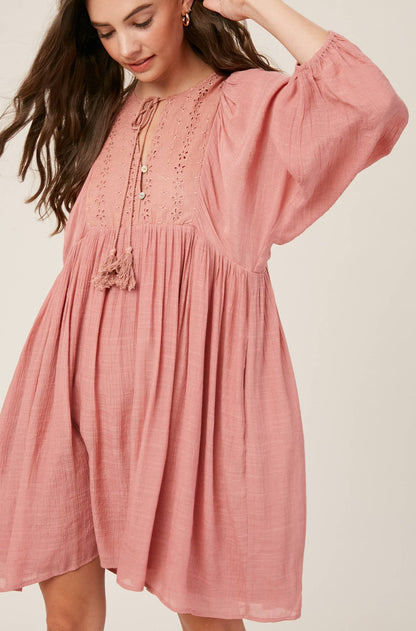 Listicle - Embroidered Tassel Tie Babydoll Dress