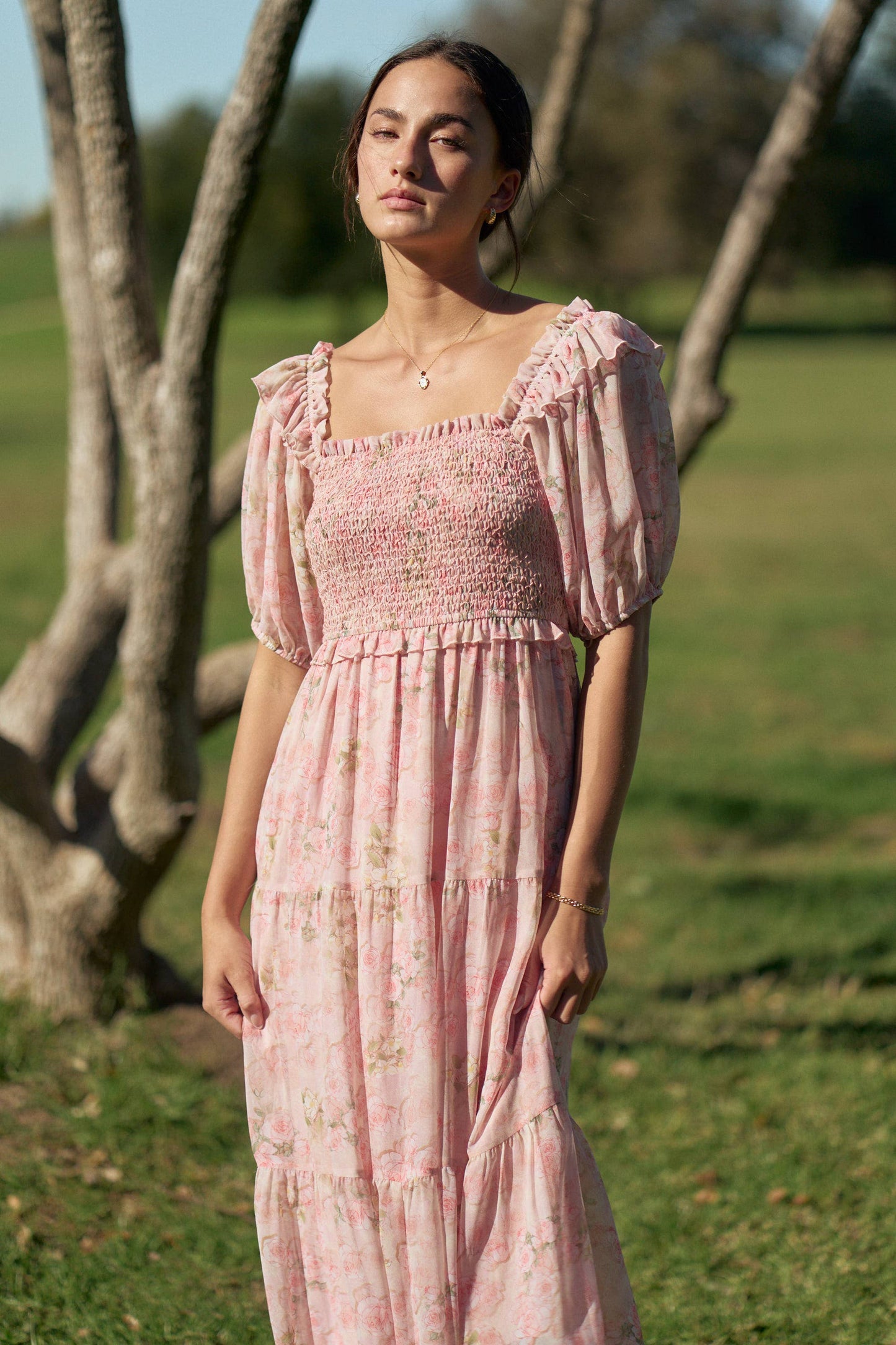 Davi & Dani - SMOCKED SQUARE NECK TIERED FLORAL MAXI DRESS