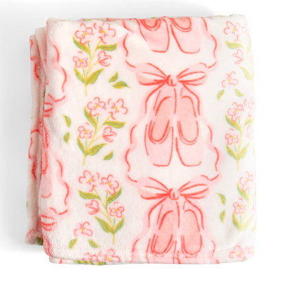 Pippi Post - Pink Ballet Slippers & Florals Fleece Throw Blanket