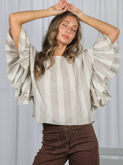 Wild Ruffle Embellished Sleeve Flowy Striped Top