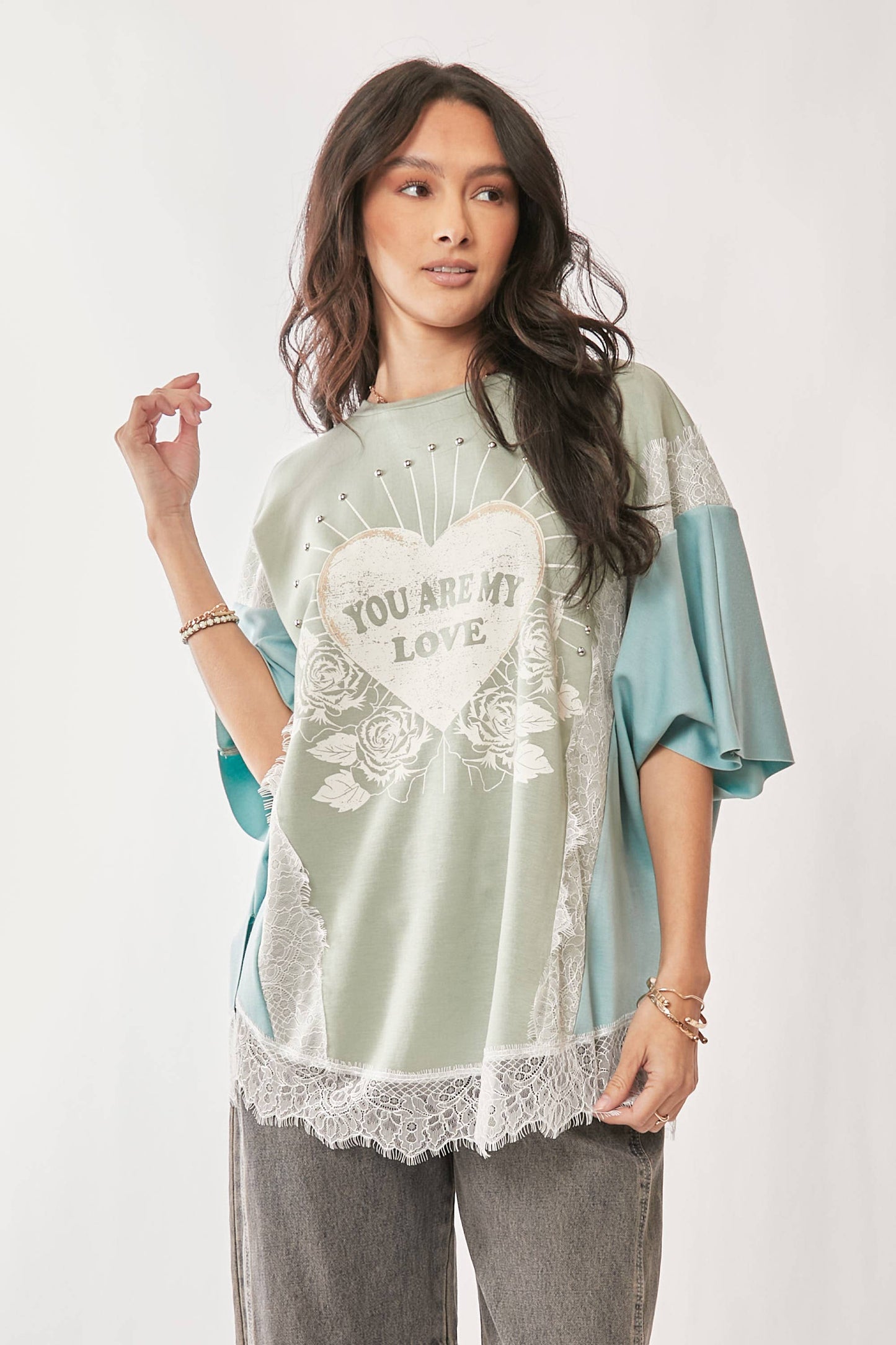 PLUS YOU ARE MY LOVE PRINT LACE SHORT SLEEVE TOP