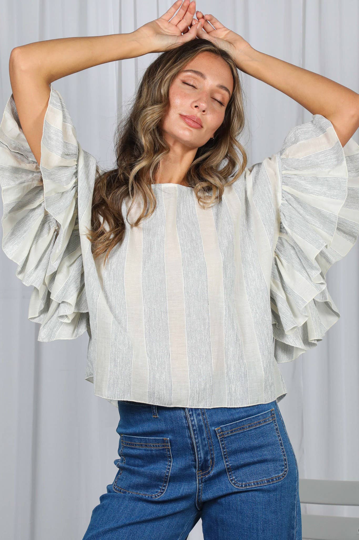 Wild Ruffle Embellished Sleeve Flowy Striped Top