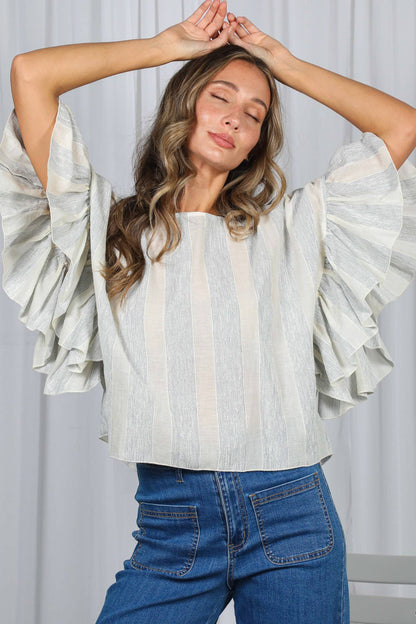Wild Ruffle Embellished Sleeve Flowy Striped Top